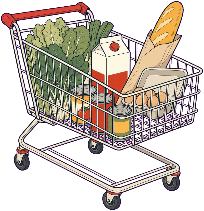 Illustration of a shopping cart filled with everyday groceries: a milk carton, a loaf of bread, a carton of eggs, and fresh vegetables.